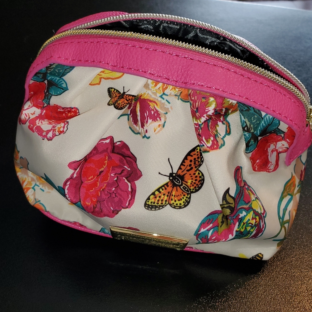 Betsey Johnson Floral Fabric & Pink  Faux Leather Cosmetic Bag